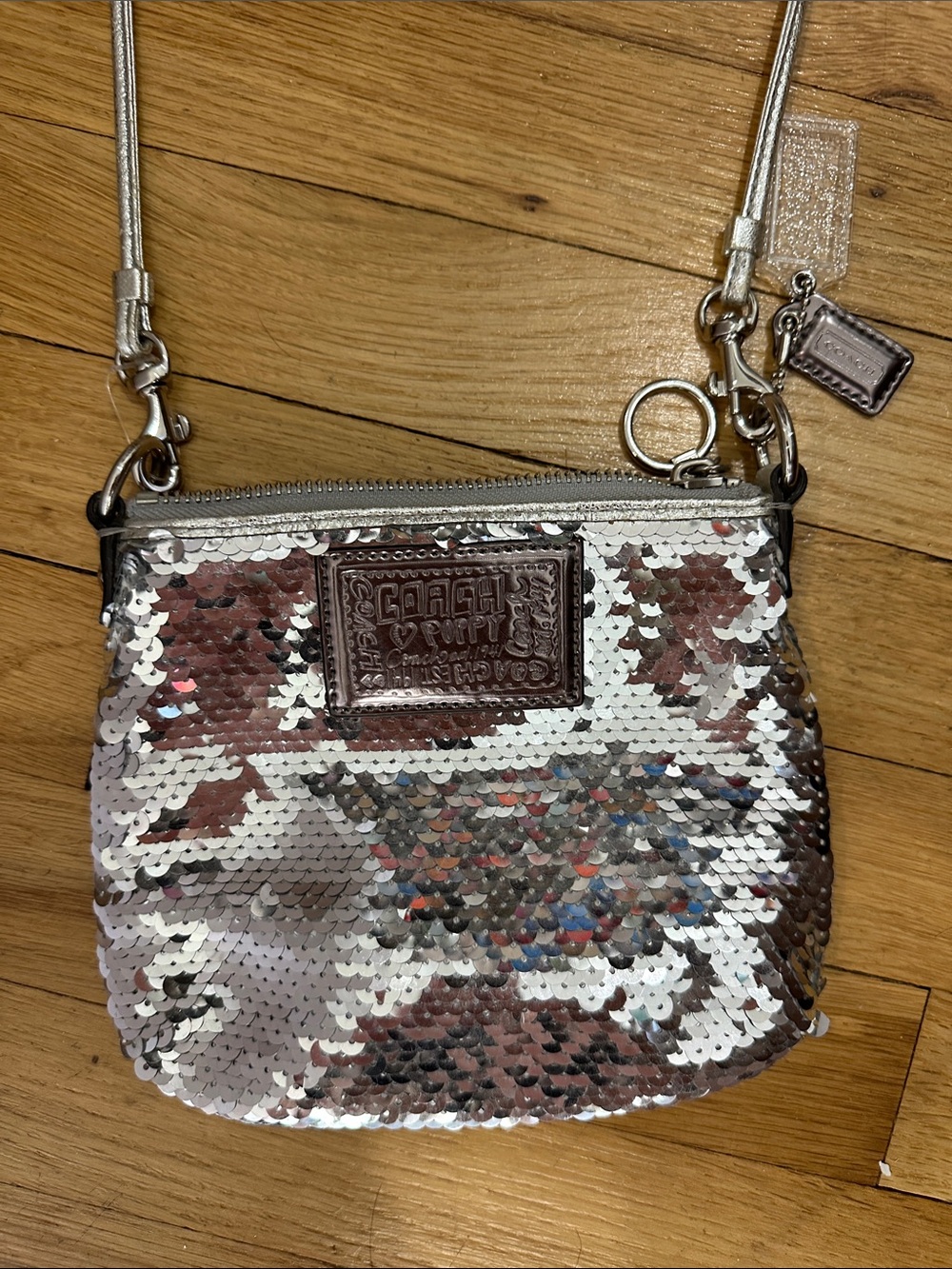 Coach Sequin Crossbody Bag - Silver with Pink Accents